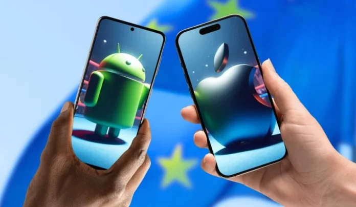 A split-screen image showing an iPhone and an Android device connected via AirDrop and AirPlay, illustrating the potential interoperability changes proposed by the EU.