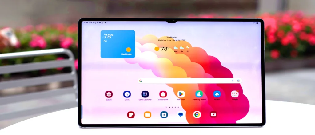 Samsung Galaxy Tab S9 Ultra showing its large Dynamic AMOLED display and S-Pen.