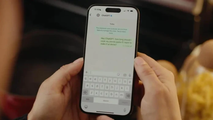 WhatsApp interface showcasing a chat with OpenAI's ChatGPT AI chatbot, highlighting easy access via a direct number without the need for additional app installations.