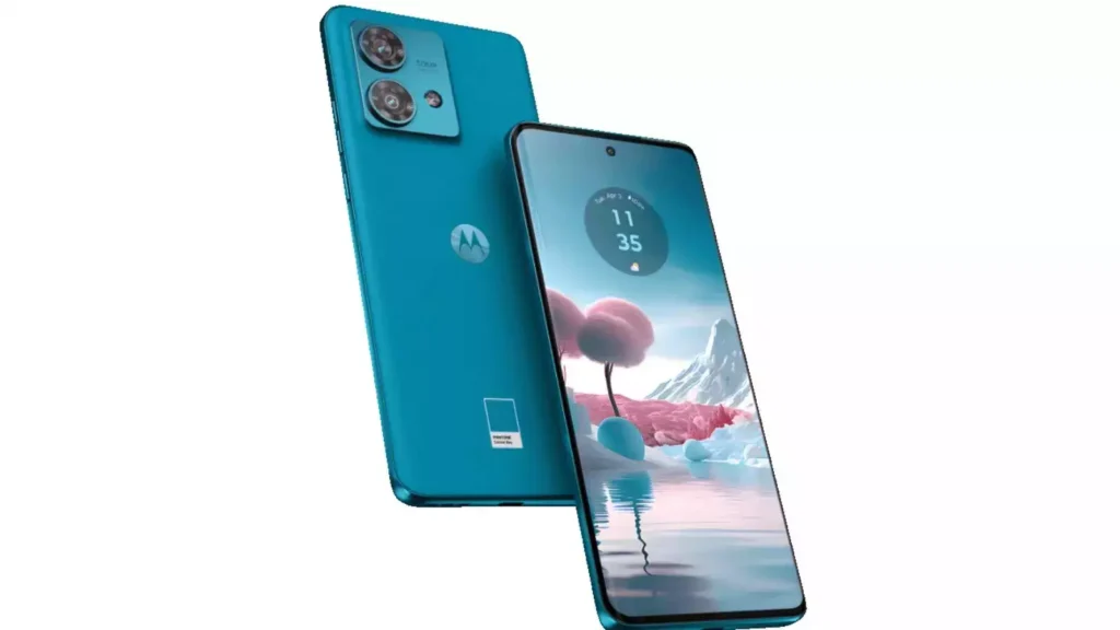 Motorola Edge 40 Neo with vegan leather design, 144Hz pOLED display, and 68W TurboPower charging.
