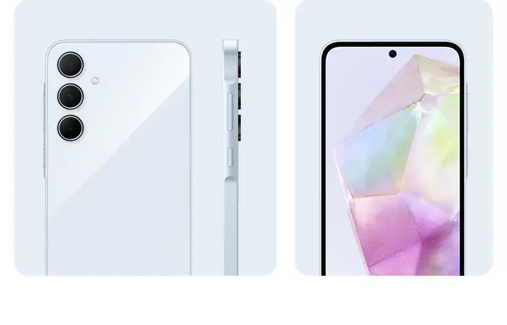 Samsung Galaxy A35 with 90Hz Super AMOLED display, 48MP camera, and 5000mAh battery.
