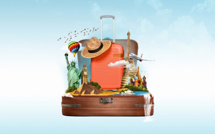 Innovative travel apps of 2025 showcasing their user interfaces, with stunning natural scenes of users exploring global destinations.