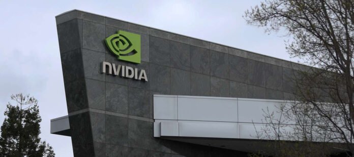 NVIDIA logo with a backdrop of advanced semiconductor chips, highlighting the company's opposition to US export restrictions on AI technology to China.