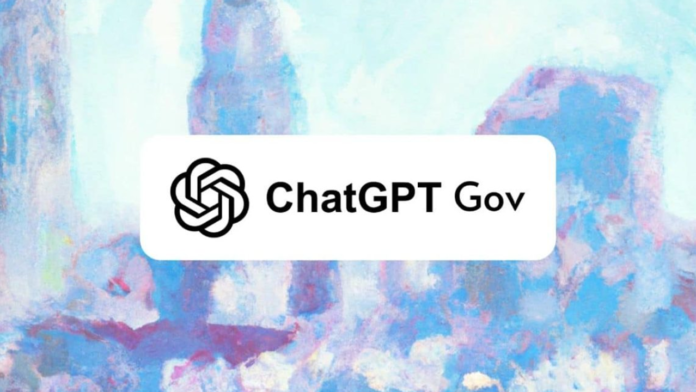 A futuristic digital interface displaying the ChatGPT Gov logo, symbolizing secure AI integration for U.S. government agencies, with a backdrop of federal buildings and cybersecurity elements.