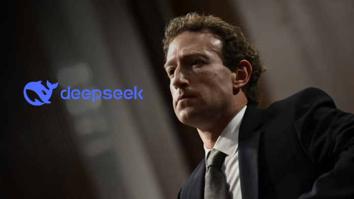A team of engineers at Meta working in a high-tech control room, analyzing AI data on multiple screens, as they respond to the competitive challenge posed by DeepSeek’s breakthrough AI model, R1.