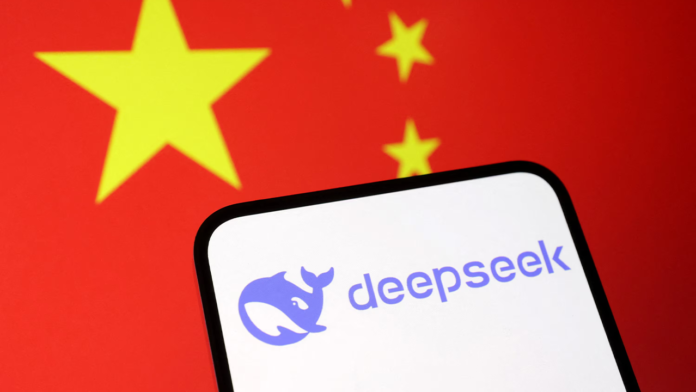 A stock market display showing sharp declines in major tech stocks, with traders reacting to the unexpected rise of DeepSeek’s AI app, which has overtaken ChatGPT in global downloads.